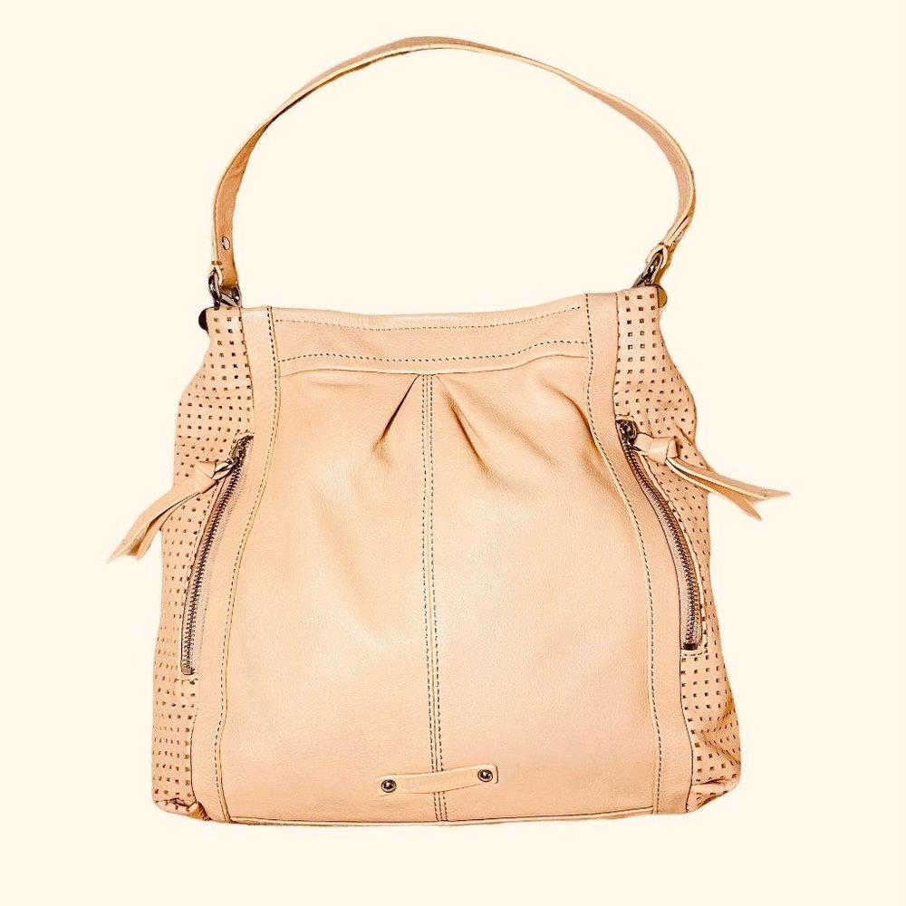 B. MAKOWSKY Light Peach Genuine Leather Hobo Shoulder Purse Bag Designer Slouch